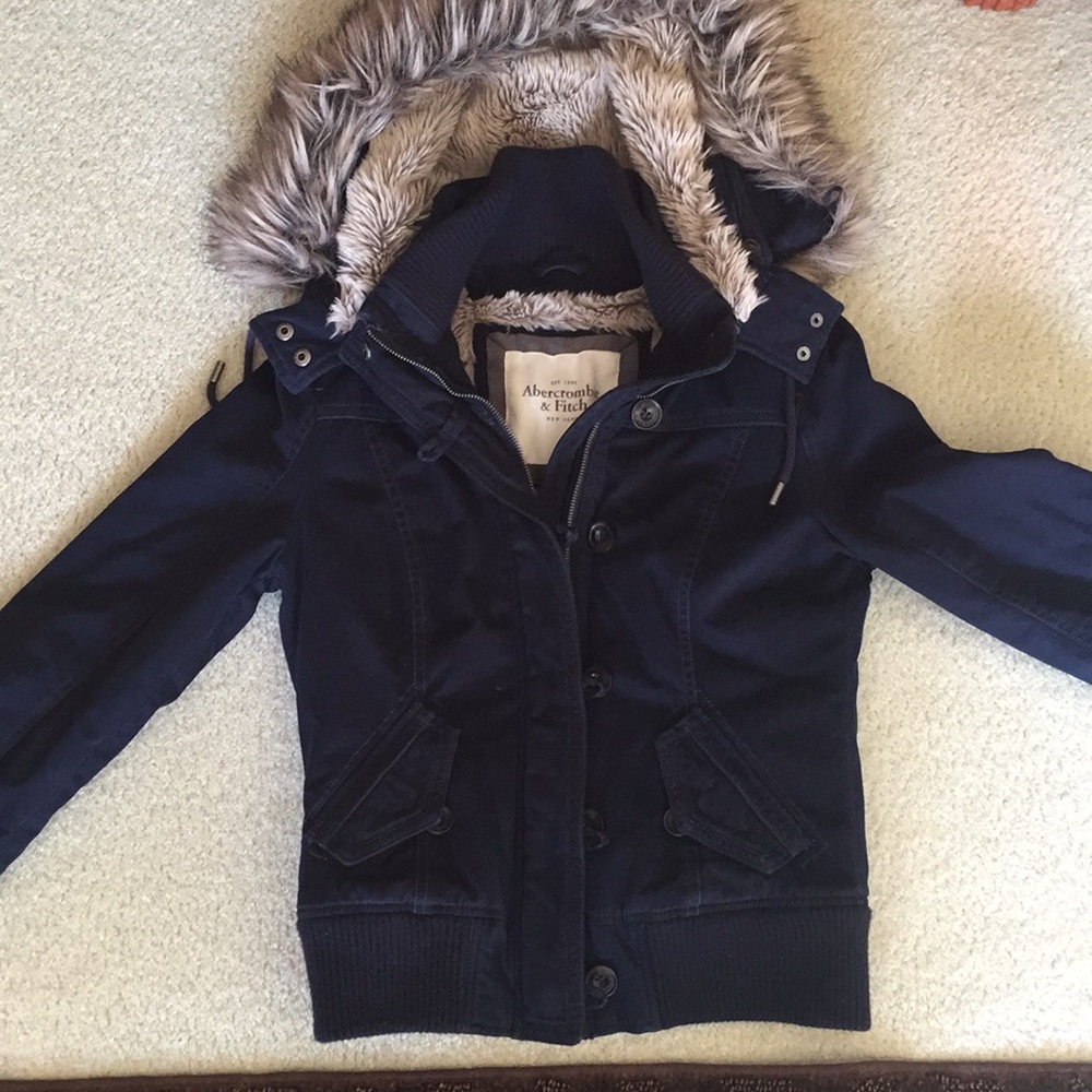 Abercrombie & Fitch Navy Jacket with Faux Fur Hood